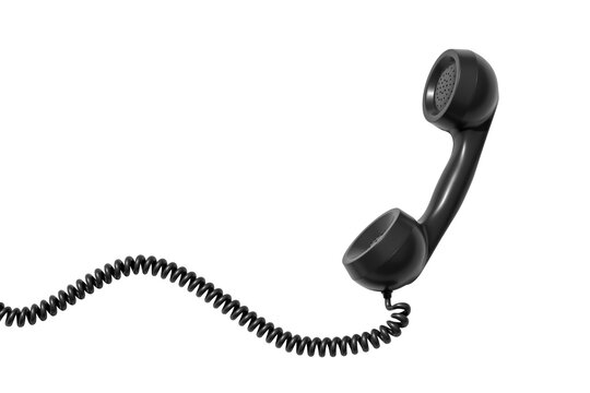 Classic corded telephone handset with coiled cable, realistic style, isolated on white background. Concept of vintage communication and connection. 3D Rendering