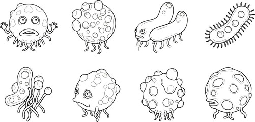 Abstract microorganism illustrations simple black and white outlines conceptual design dark aesthetic