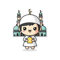Muslim boy holding lantern in front of mosque vector illustration