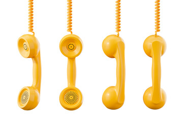 Yellow vintage telephone handsets hanging with spiral cords, isolated style on white background, concept of communication and retro technology, 3D Rendering © ImageFlow