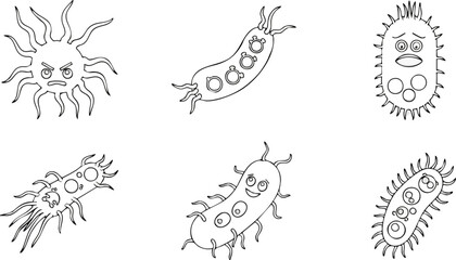 Cartoon microbes with various expressions black background