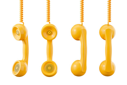 Yellow vintage telephone handsets hanging with spiral cords, isolated style on white background, concept of communication and retro technology, 3D Rendering