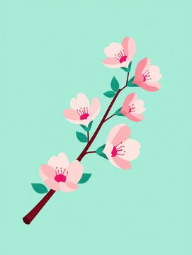 Flat vector illustration of a cherry blossom branch with pink flowers and green leaves on a mint background. Spring floral design concept.
