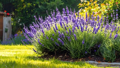 Lush purple blooms of a fragrant herb bask in sunlight in a garden setting, with green foliage and wooden accents