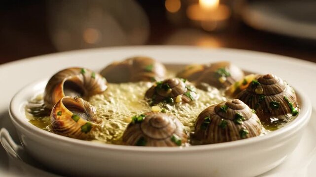 Close-up of Escargots de Bourgogne cooked with garlic and parsley butter in white ceramic dish, traditional French appetizer perfect for gourmet food content