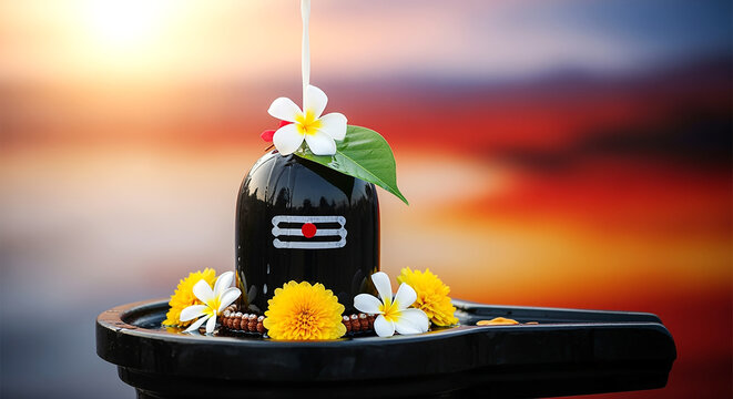 Shiva Lingam, a black, cylindrical stone representing the god Shiva, placed in a black, oval-shaped metal tray. The lingam is surrounded by marigold flowers and green leaves, with a small brass cup co