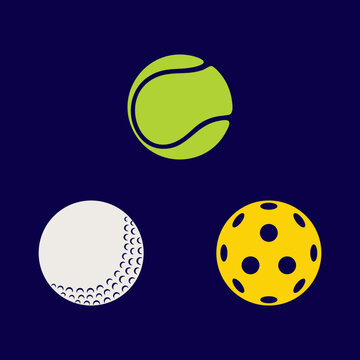 Tennis ball, golf ball, and pickleball set of icons