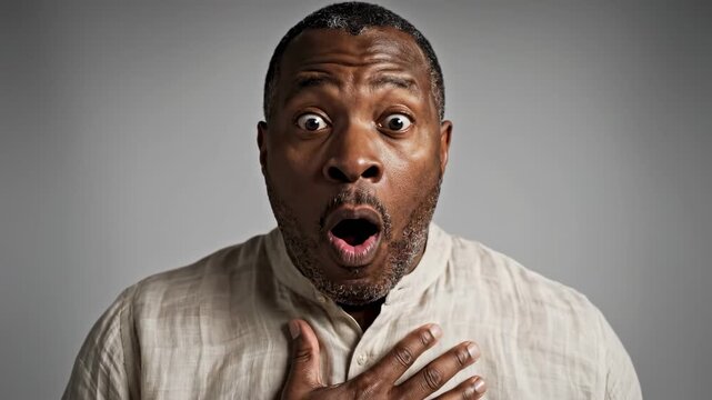 Emotional middle aged african american man looking at the camera with a shocked expression, which slowly transforms into pure joy and a happy smile, isolated on a solid gray background studio shot