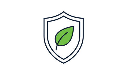 Obraz premium Simple outline of a shield containing a single green leaf representing environmental protection and ecological safety.