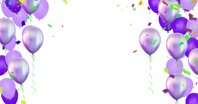 Purple and silver balloons  colorful confetti festive horizontal banner for birthday party celebration and surprise event promotion space vector illustration
