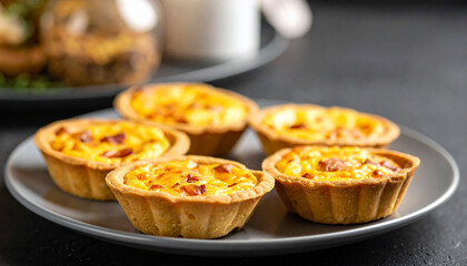 Savory mini quiches with melted cheese and crispy bacon, appetizing finger food, tasty snack, restaurant