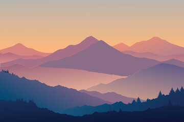 Misty mountain landscape with sunrise and sunset sky over forest peaks