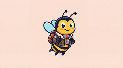 Obraz premium Cute bee wearing backpack and scarf flying with happy expression