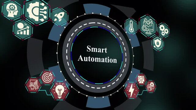 Smart automation system concept with intelligent control flow, digital process optimization, connected operational icons, and efficiency management interface.