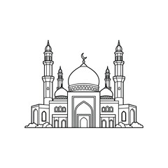 Islamic Mosque with Dome and Minarets Line Art Vector Illustration