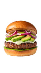 Gourmet beef burger stacked high with creamy avocado slices red onion and lettuce on transparent background