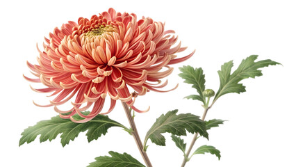 Detailed illustration of a beautiful salmon pink spider chrysanthemum bloom with green foliage on transparent background