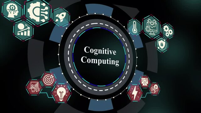 Cognitive computing concept with human-like intelligence modeling, adaptive reasoning systems, smart analytics loop, and AI-driven digital interface.