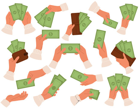 Set of palms holding paper dollar money and wallet with dollar bills