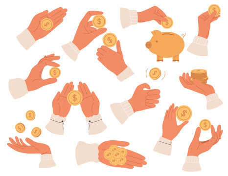 Human palms with coins. Set of hands holding money