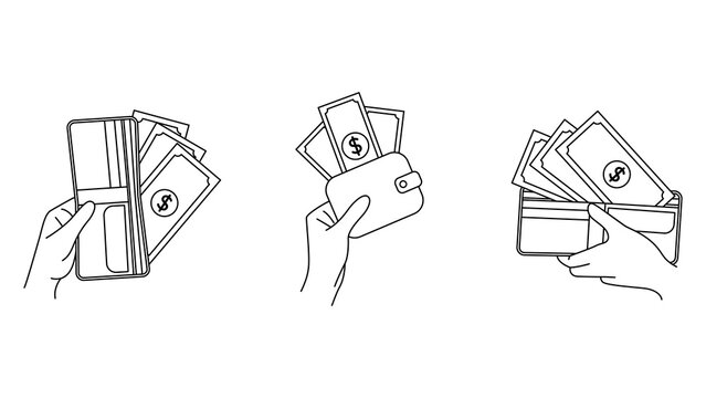 Set of icons with linear hands holding wallet with paper dollar bills. Editable stroke