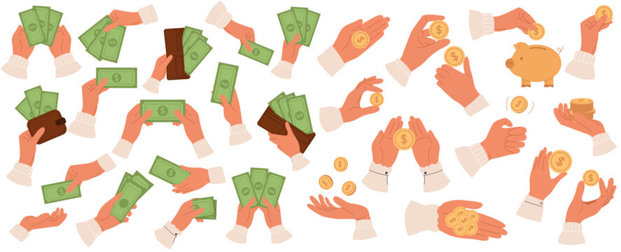 Huge set with human palms holding paper money, coins and wallet with dollar currency