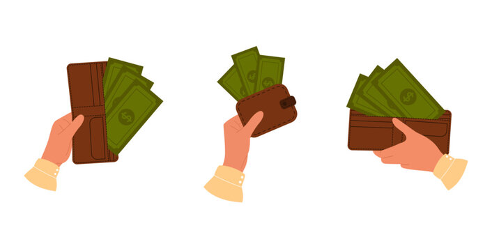 Set of hands holding wallet with paper dollar bills. Human palms with pocket full of money