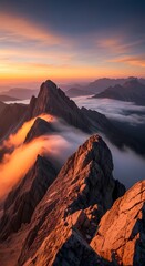 Fiery Sunset Over Jagged Mountain Peaks with Mist depth wallpaper 4k