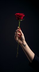 Woman's hand holding a single red rose against black depth wallpaper 4k