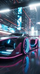 Futuristic neon car racing at night depth wallpaper 4k