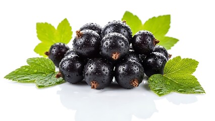 Fresh cluster of blackcurrants with mint leaves displayed on a white background