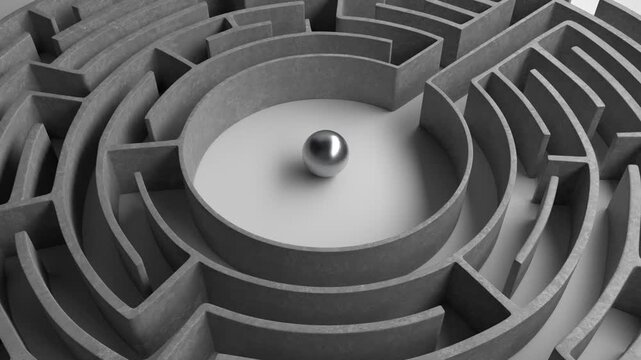 Loopable 3D render animation of a circular concrete labyrinth maze rotating around a shiny chrome metal sphere in the center. Abstract conceptual background for problem solving, corporate challenges