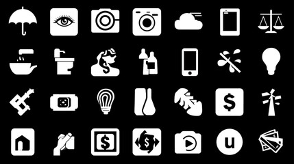 Diverse collection of white icons on a black background, featuring business, technology, daily life, finance, nature, and abstract concepts for web and print design.