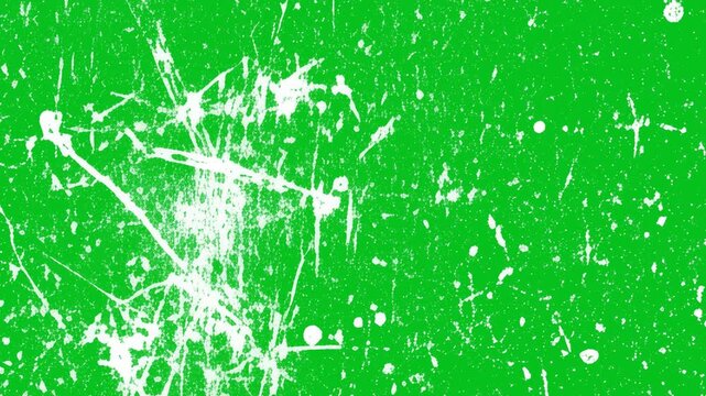 A collection of chroma key green screen overlays featuring distinct white grunge textures, including vertical scratches, heavy dust, distressed noise, and paint splatters for retro video effects.