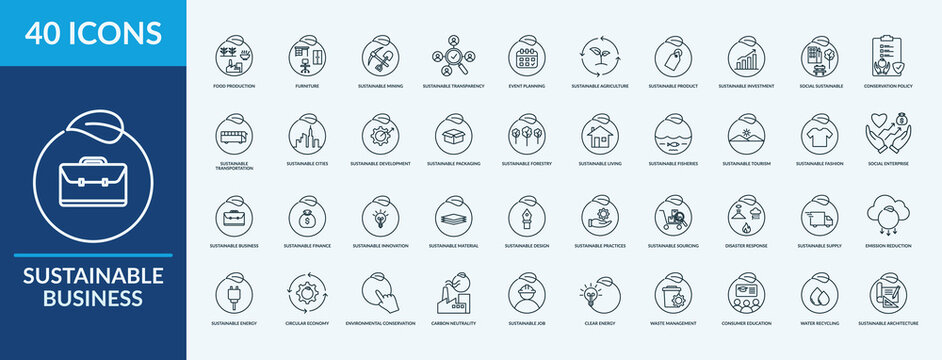 Sustainable Business - Icon Collection. Thin Outline Lineal Set contains such Icons as circular economy, emission reduction, environment and more. Simple web icons set