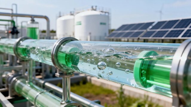 Futuristic green hydrogen energy production concept with transparent pipes and bubbles