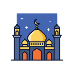 Mosque with Golden Dome and Crescent Moon at Night vector illustration