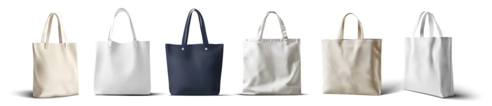 Row of blank tote bags in assorted colors and materials, front view isolated on white with soft shadows; reusable shopping bag mockup for branding and retail.