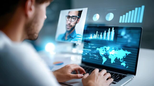 Business analyst working on laptop with financial charts and data dashboard on screen