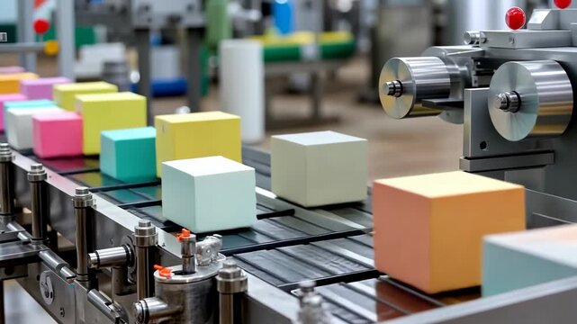Watch the process of colored soap cubes being prepared on a factory conveyor belt in a processing plant during daytime hours