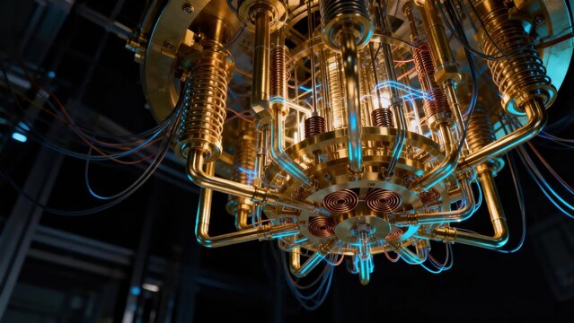 Close-up of quantum computer dilution refrigerator looking like intricate golden chandelier