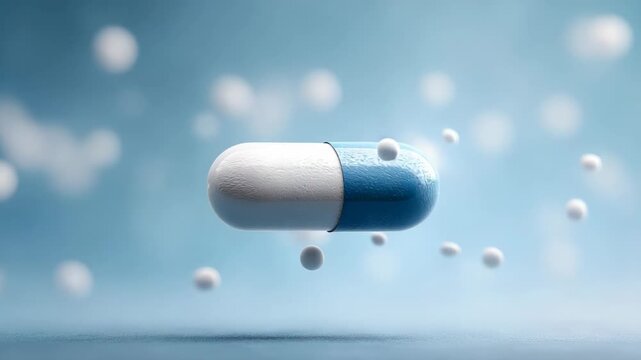 One medical pill capsule, representing pharmacology and healthcare, slowly spinning on a blue background surrounded by floating molecules in a conceptual animation of drug effectiveness