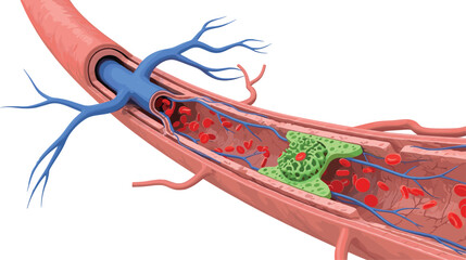 Anatomical blood vessel cross-section, red cells, veins, cancer cell, medical illustration, vascular system, pathology, biology, health science