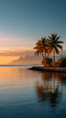 Obraz premium tahiti island panoramic view, tropical sunset over tahiti, cinematic tahiti seascape with mountains