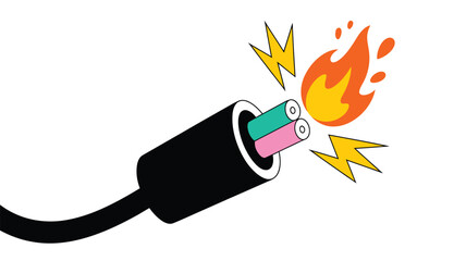 Cartoon illustration of a damaged electrical cable sparking and on fire
