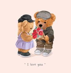 i love you slogan with bear doll lover couple holding bouquet of flowers vector illustration drawn by hand