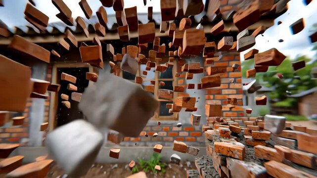 Bricks flying from a partially demolished wall of a house, showcasing the destruction process with debris scattering in the air and a clear view of the building's structure and surroundings
