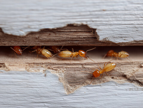 Close Up of Live Termites on Wooden Trim Inside House Showing Pest Damage
