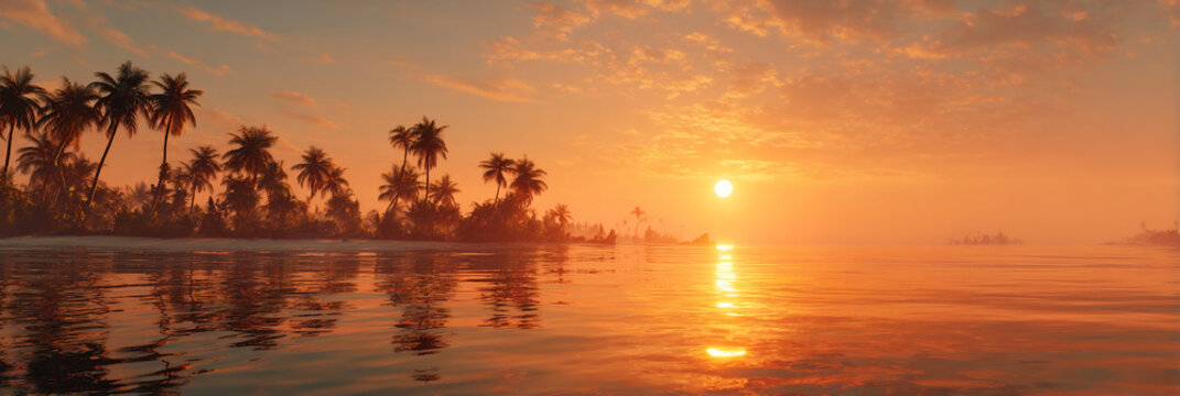 sunset over tropical ocean, golden hour on serene beach, vibrant sky above island palms