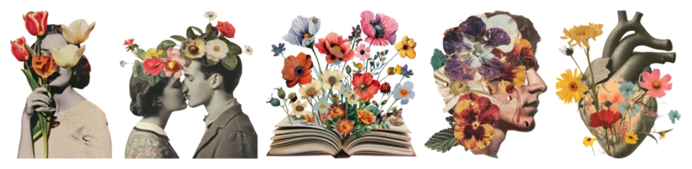 Fotobehang Bloemenwinkel PNG Vintage floral surreal art collage on transparent background  © Rawpixel.com